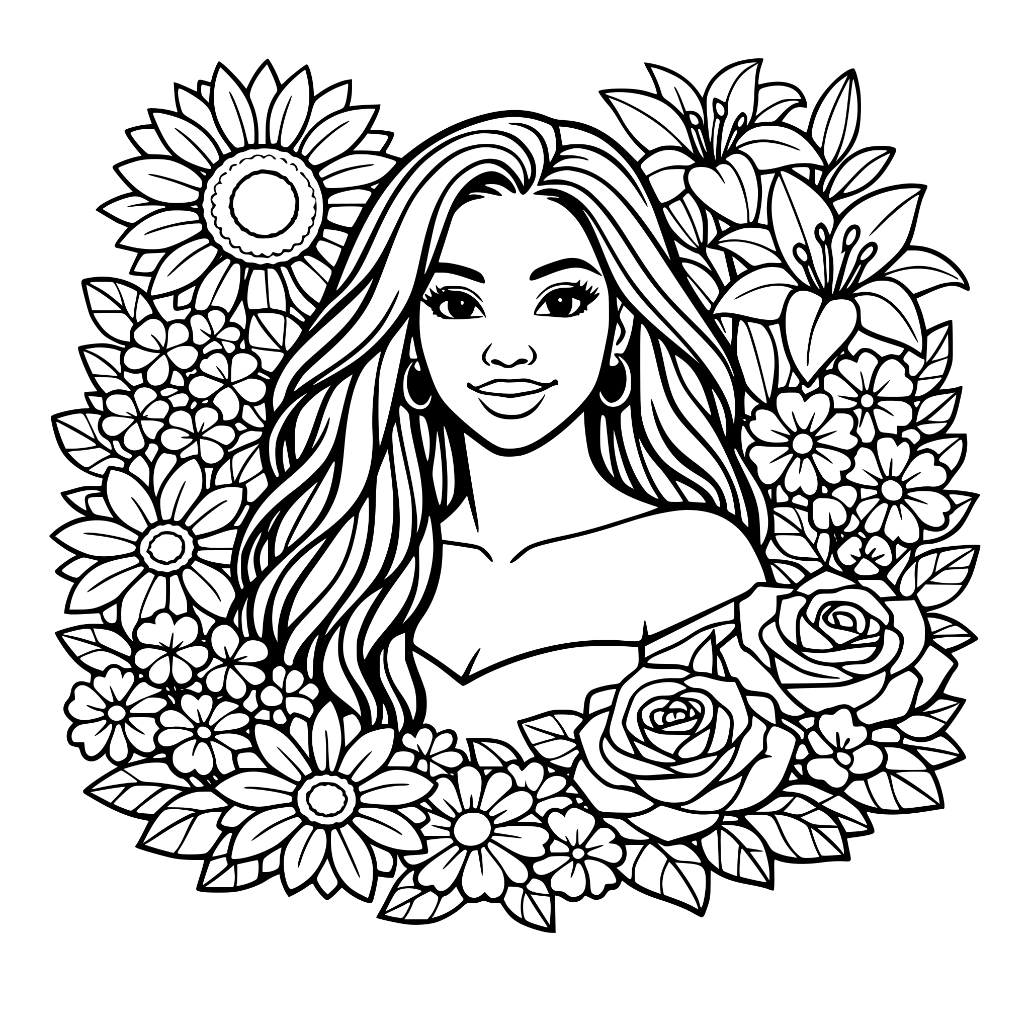a black woman with long hair surrounded by flowers