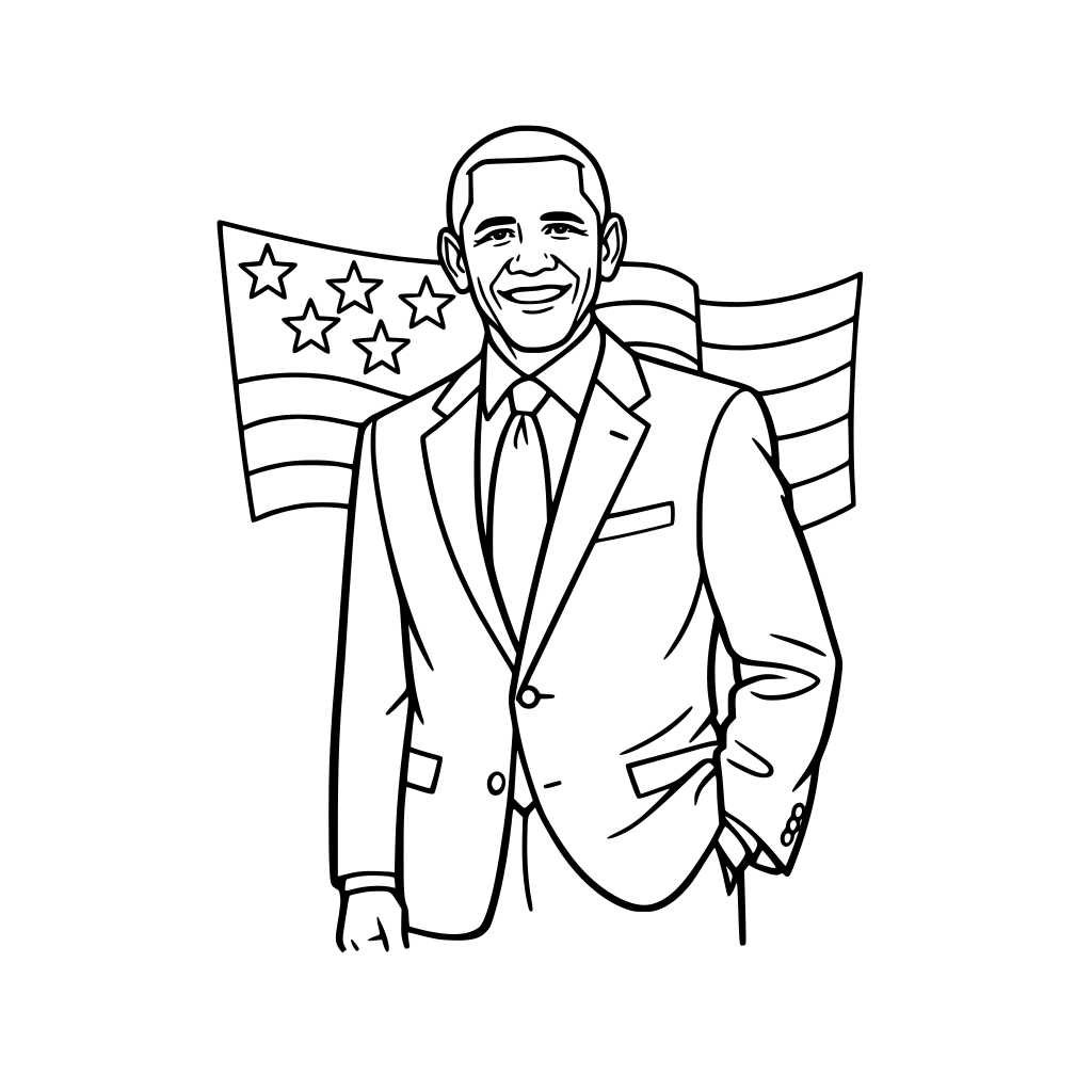 Barack Obama standing confidently in a suit, warm approachable expression, minimal American flag outline behind him, mid-body framing.