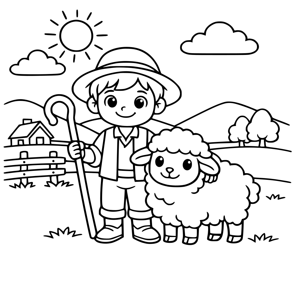 Un pastorcito con su oveja y de fondo un pasisaje como campo