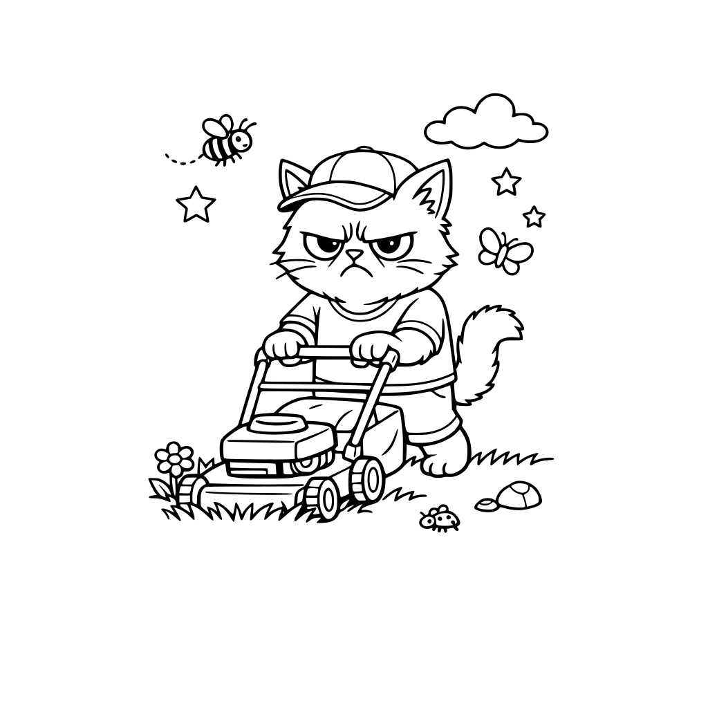 A grumpy cat mowing the lawn.