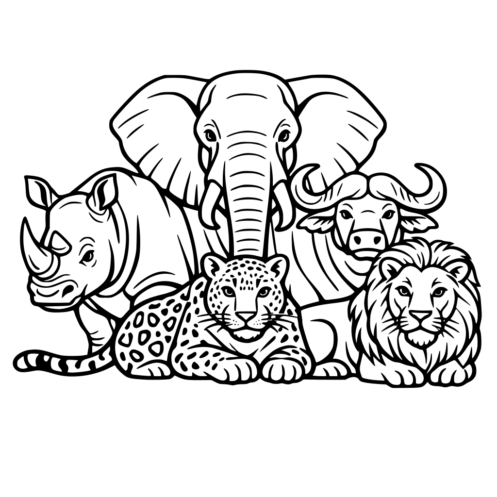 I'd like to create coloring pages including these five animals, RHINO, elephant, buffalo,leopard and lion