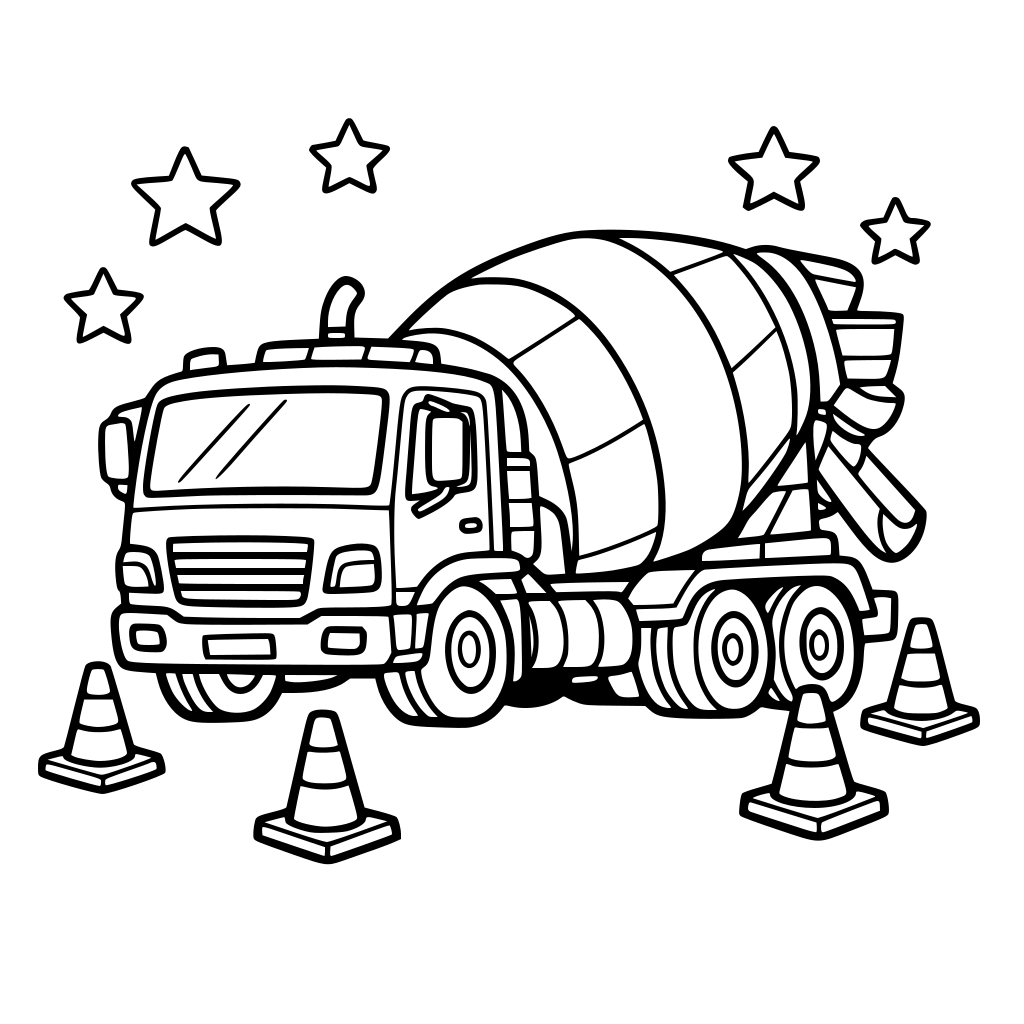 cement truck with a spinning drum and construction cones.