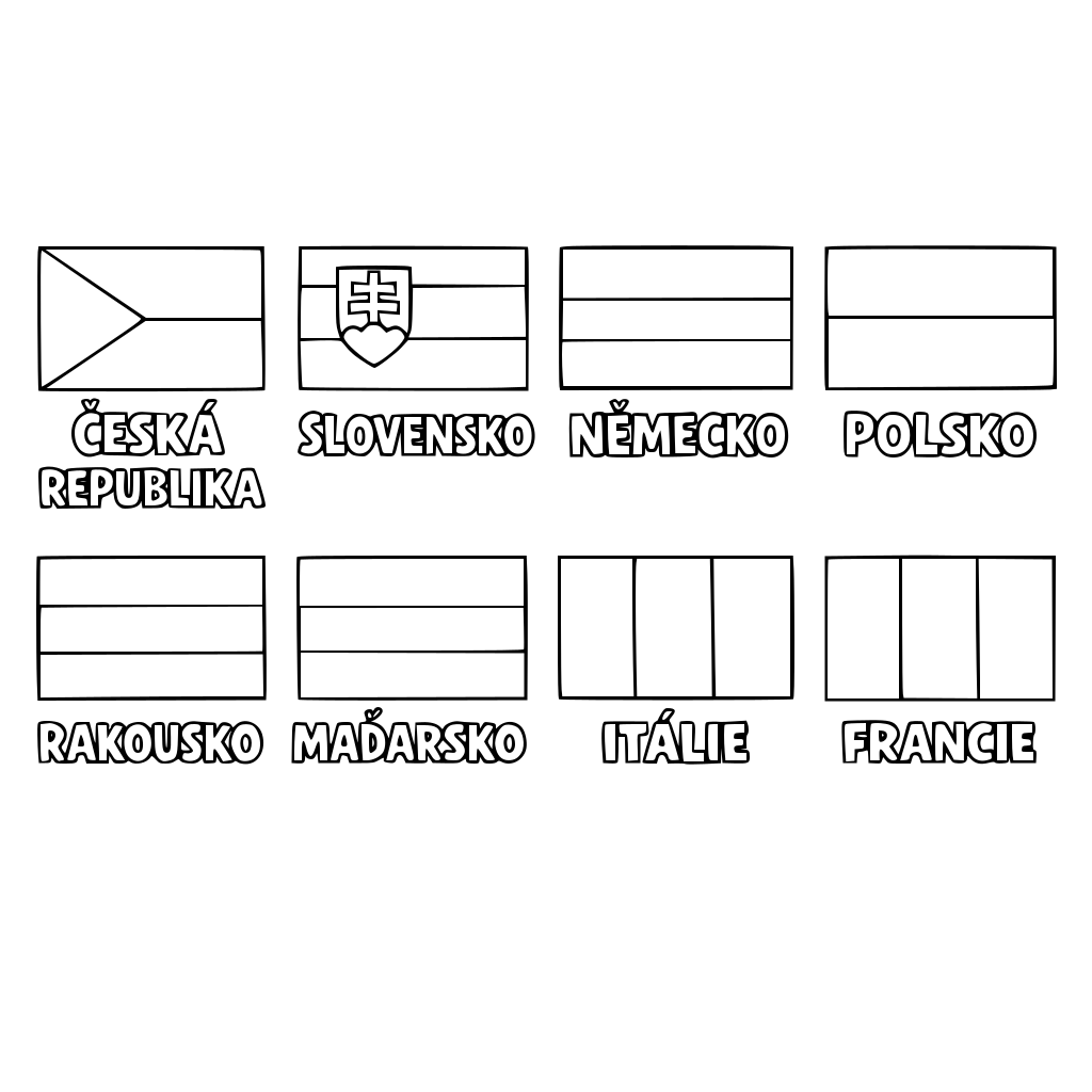 Udělej vlajky státu Evropy pod nimi napiš česky názvy státu tak aby se dali vybarvyt jak vlaky tak názvy státu 8 států stačí