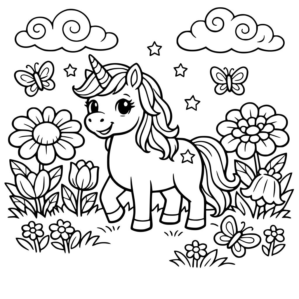 Create a clean black-and-white coloring page for children of a smiling unicorn standing in a garden filled with oversized flowers, butterflies, and swirly clouds.