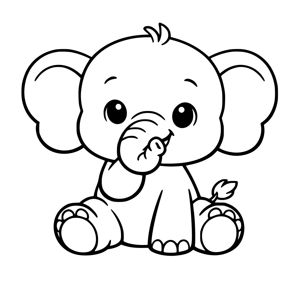 dessine moi un elepheanteau qui met sa trompe à la bouche dans une version tres enfantine en noir et blanc