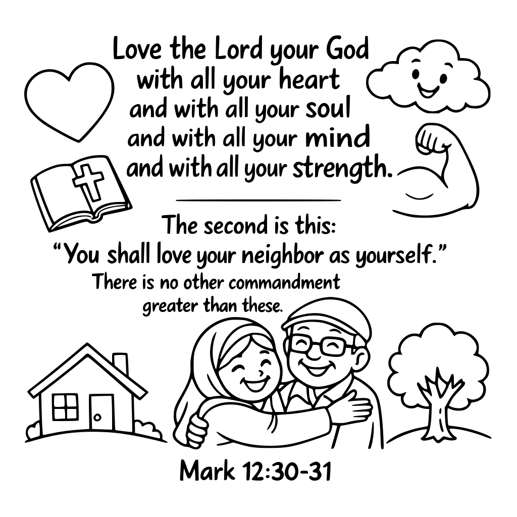 Make a coloring sheet for Mark 12:30-31. “ love the Lord your God with all your heart and with all your soul and with all your mind and with all your strength.” “The second is this: ‘You shall love your neighbor as yourself.’ There is no other commandment greater than these.”