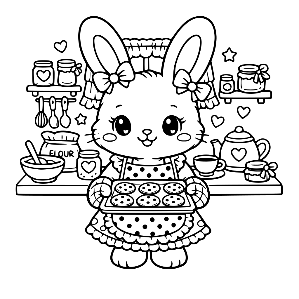 kawaii and cartoon Bunny in a polka-dot apron, holding a tray of cookies in a cozy kitchen in coquette vibe