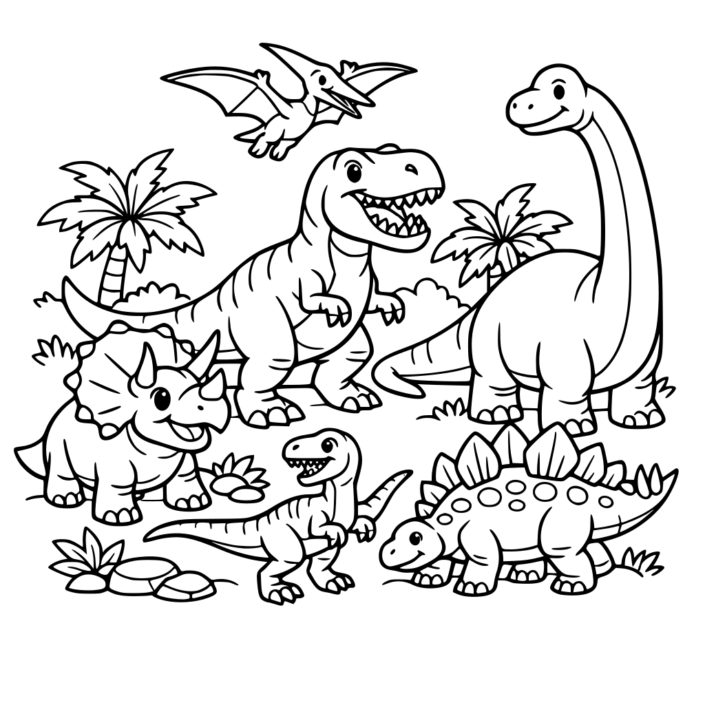 Tema Dinosaurus. Latar di hutan. Karakter berbagai dinosaurus.