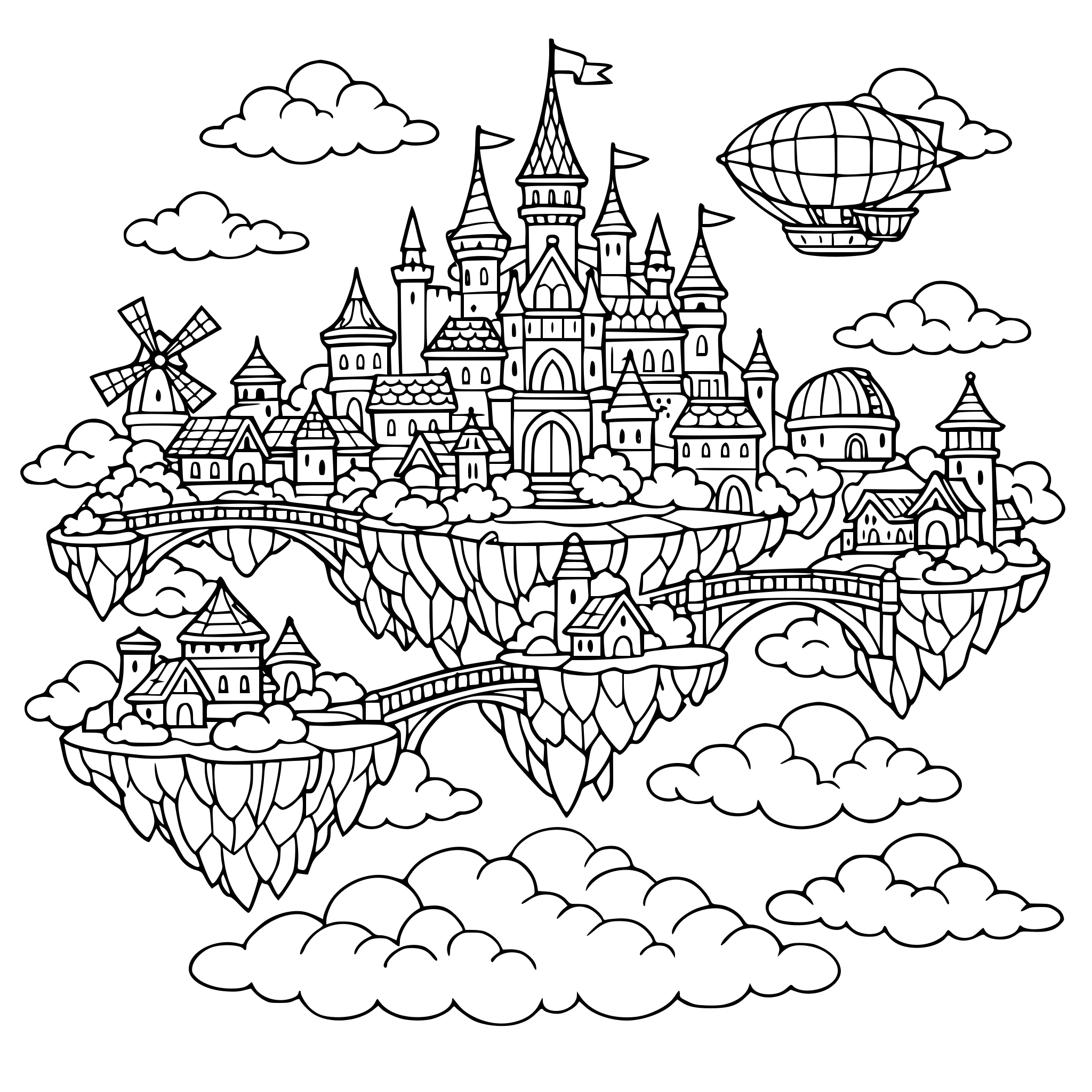 Intricate adult coloring book page, floating fantasy city in the sky, detailed buildings, bridges between islands, clouds, black and white line art, highly detailed, no shading, coloring book style