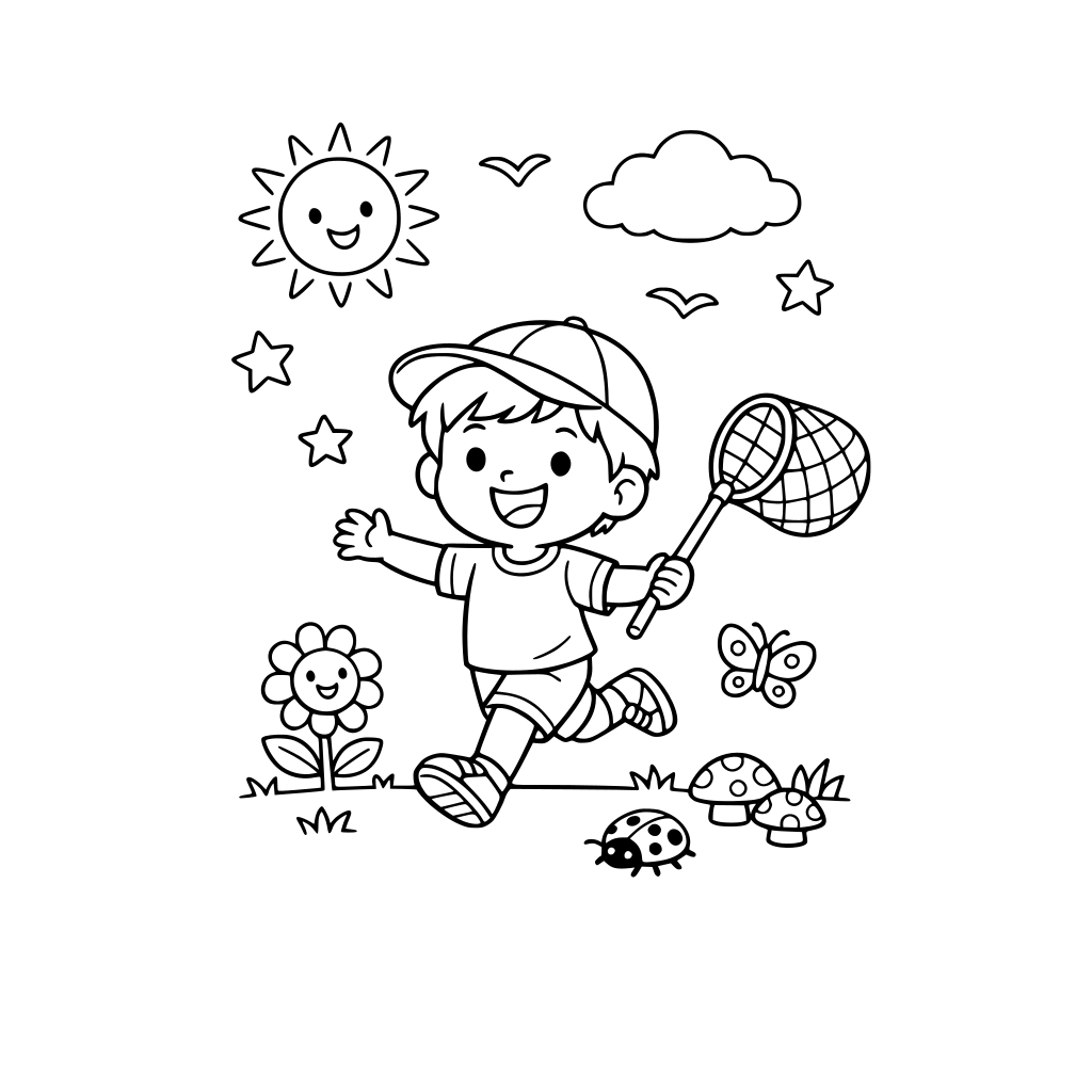 Happy child playing outdoors, smiling, simple cute style, children's coloring book, black and white, clean line art, no shading, white background, thick outlines