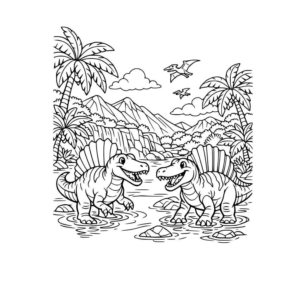 Portrait oriented coloring book page that is black and white with 2 friendly spinosaurus standing in a river. Background is a tropical landscape. Fill the whole page with great detail to the borders.