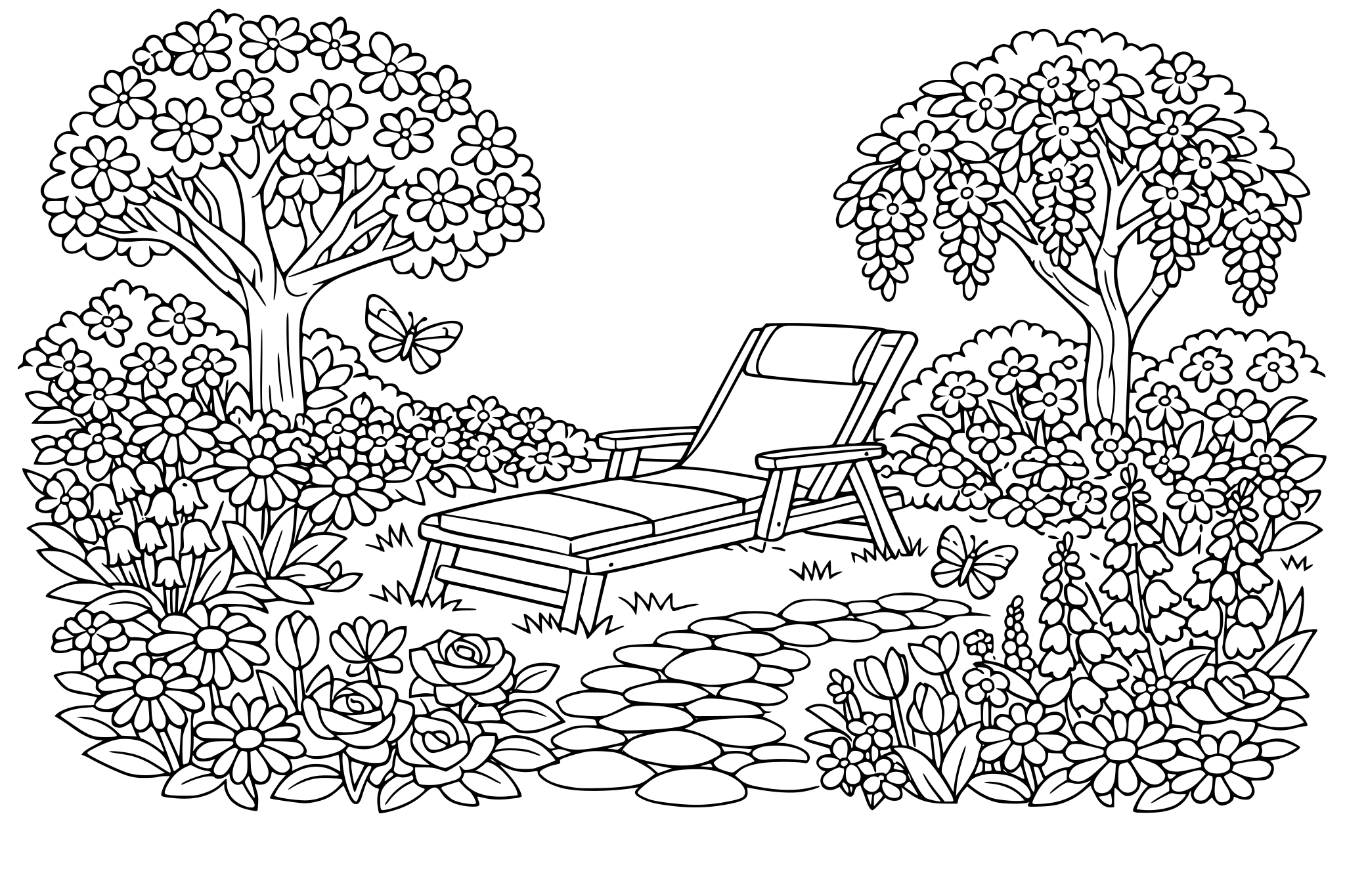 Un jardin très fleuri avec des arbres et des fleurs et un transat