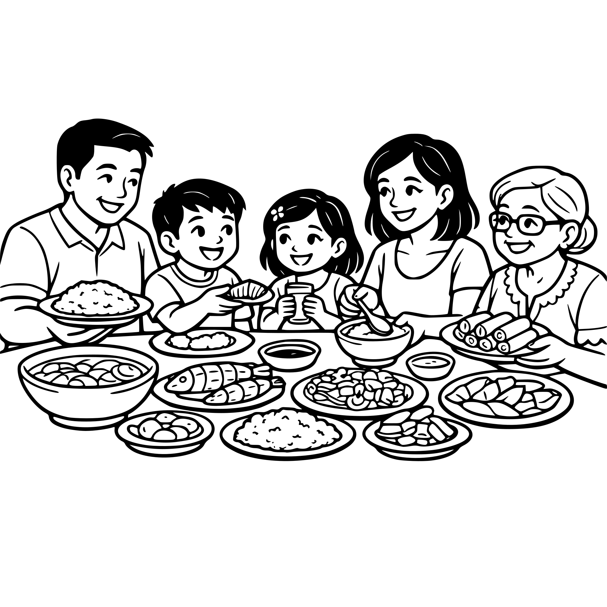 Filipino family sharing a meal together on a table with traditional dishes, happy bonding moment, cozy atmosphere