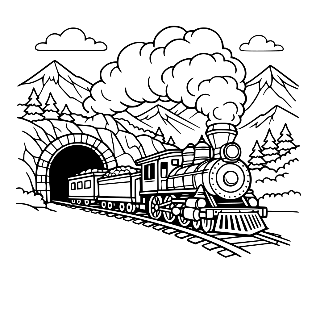 tren antiguo con humo en un paisaje con montañas y un tunel