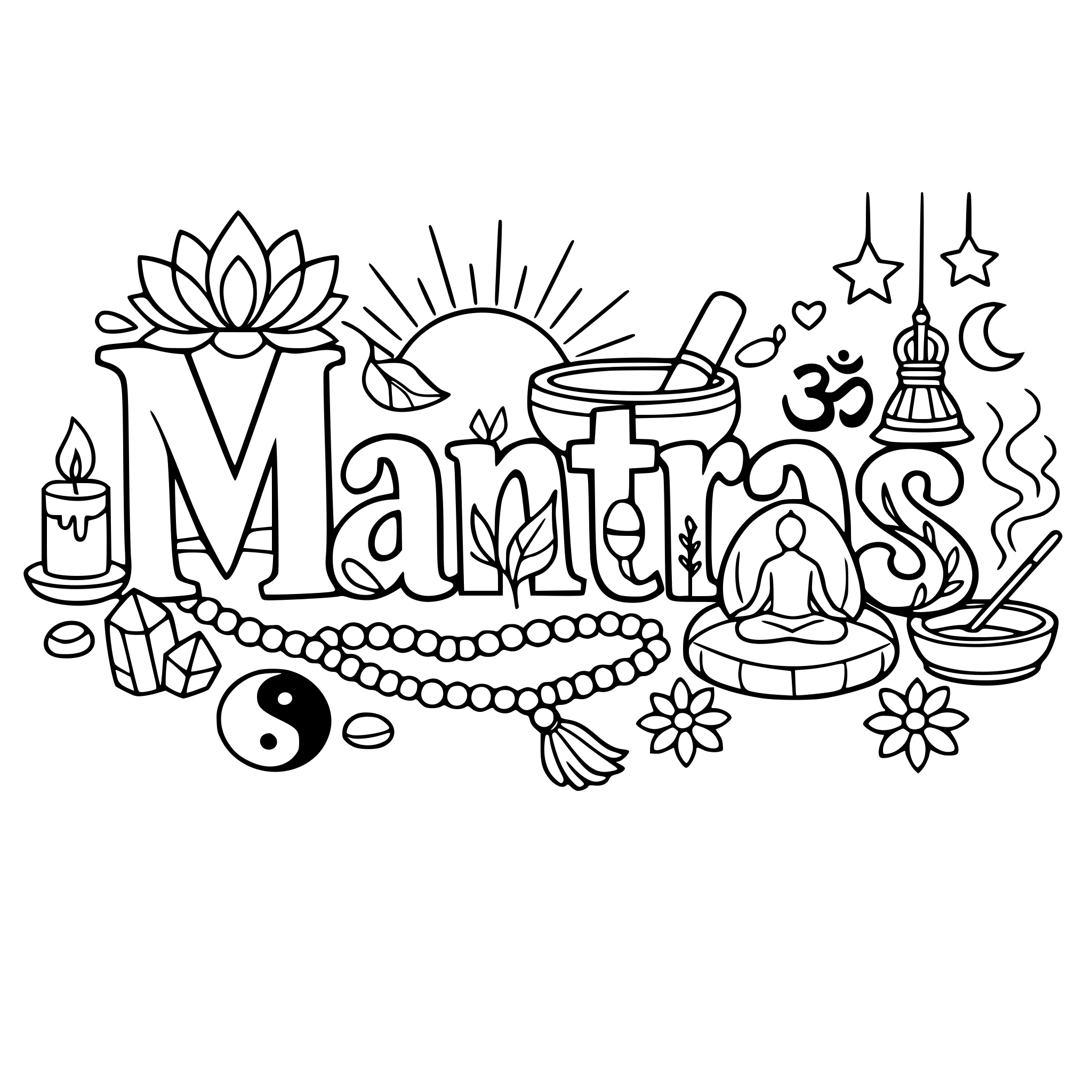 "Mantras" coloring letters with items around the letters that work with the lettering.