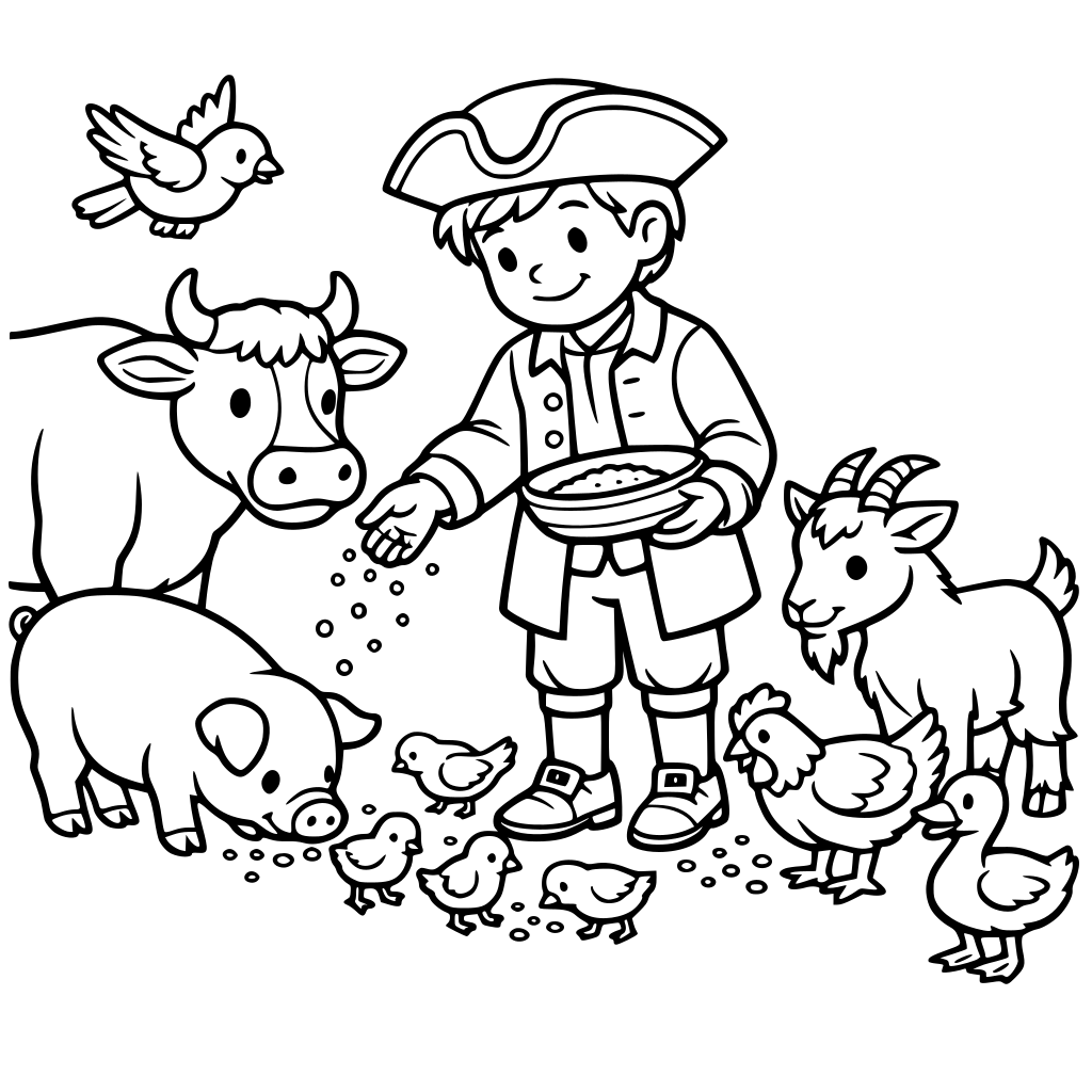 colonial boy feeding farm animals