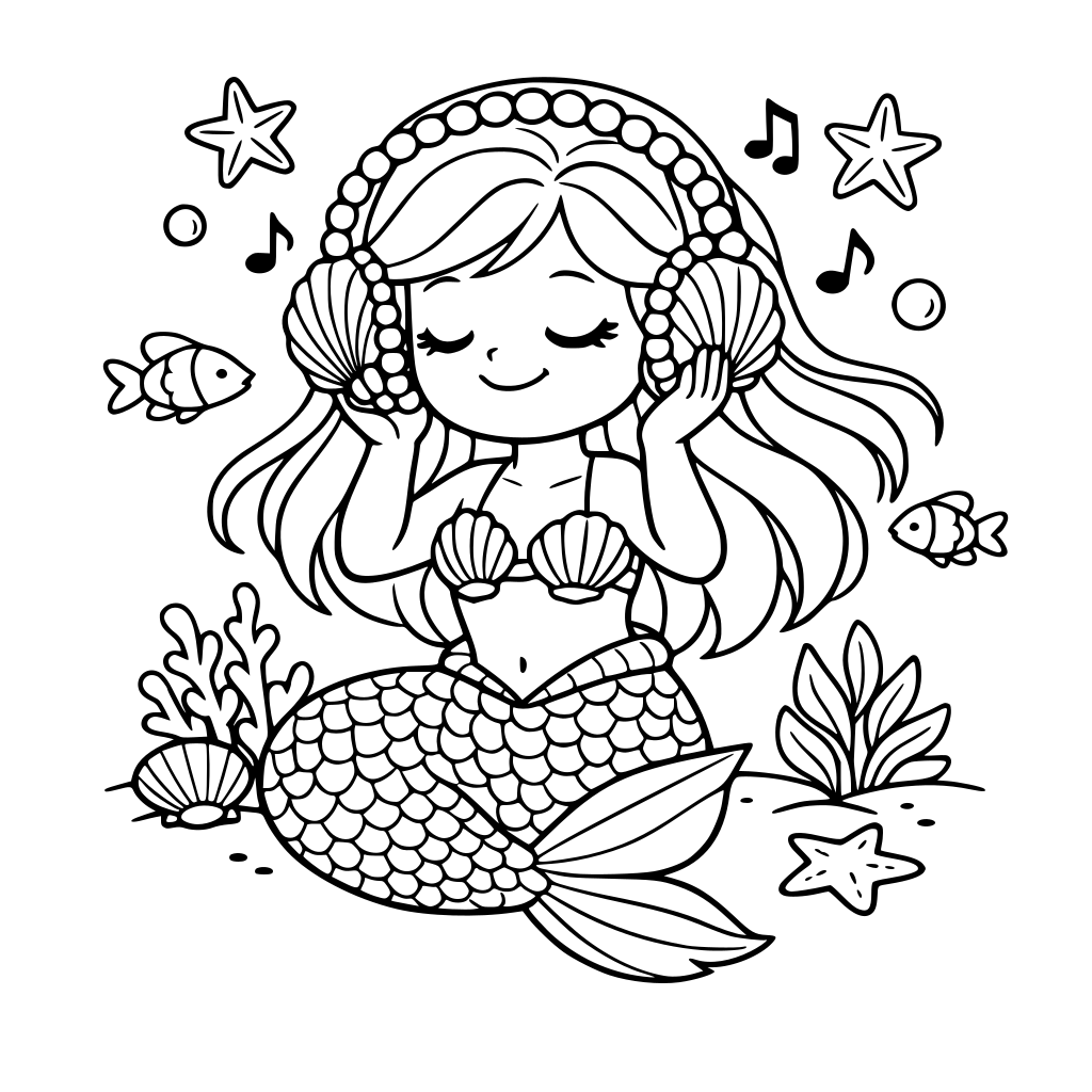 Uma sereia ouvindo música no fundo do mar em um fone de ouvido feito de pérolas e conchas