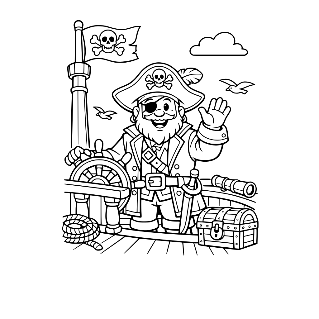 A friendly pirate captain waving from the ship's deck