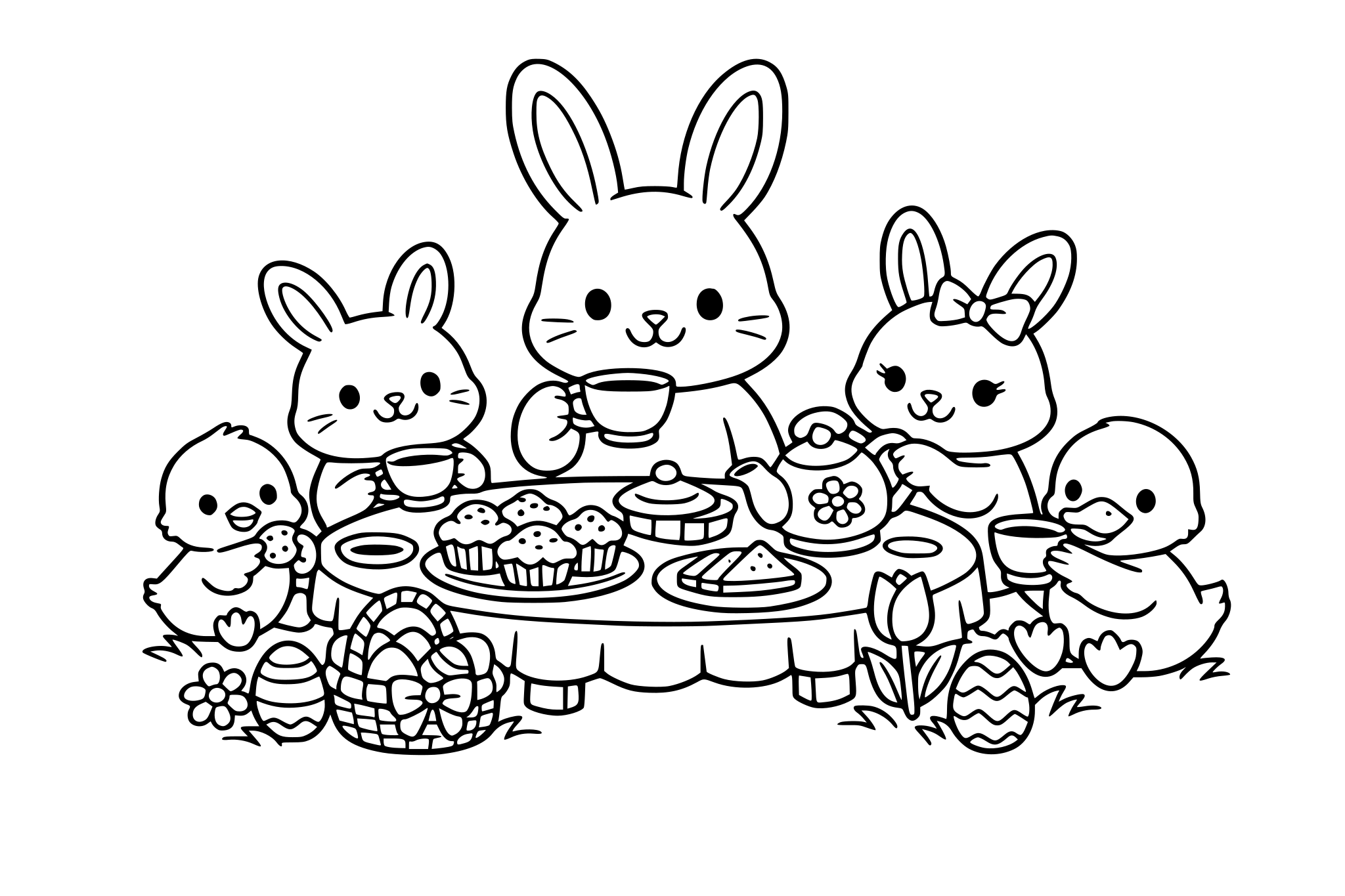 a bunny at an Easter tea party with his bunny, chick, and duck friends.