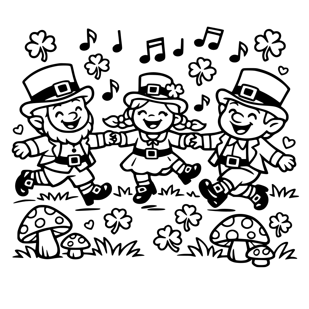 Square coloring book page that is black and white with 3 cute friendly leprechauns. They are holding hands dancing. The background has music notes, grass, clovers, and mushrooms. Fill the whole page with great detail. Simple art bold and easy cartoon style.