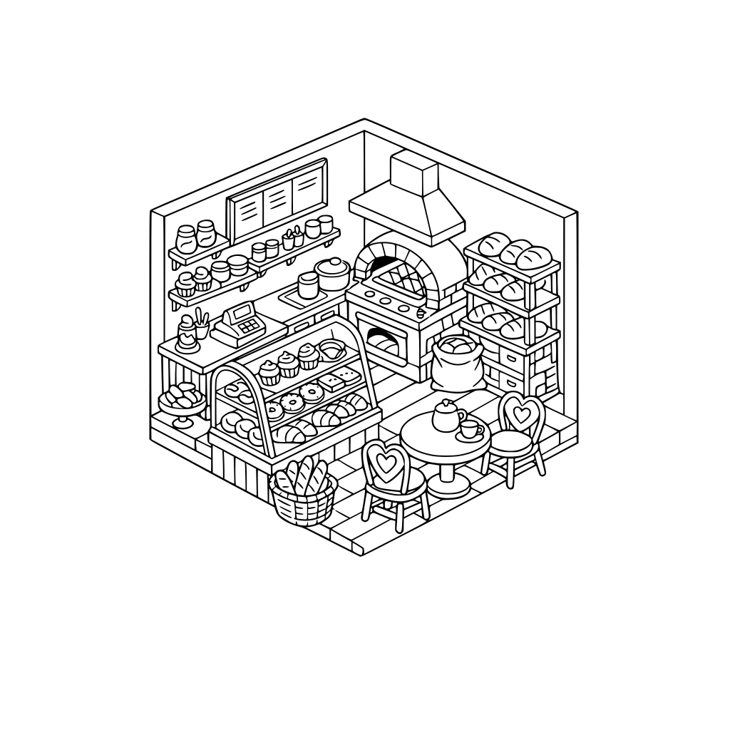 3d isometric bakery, cute and cozy
