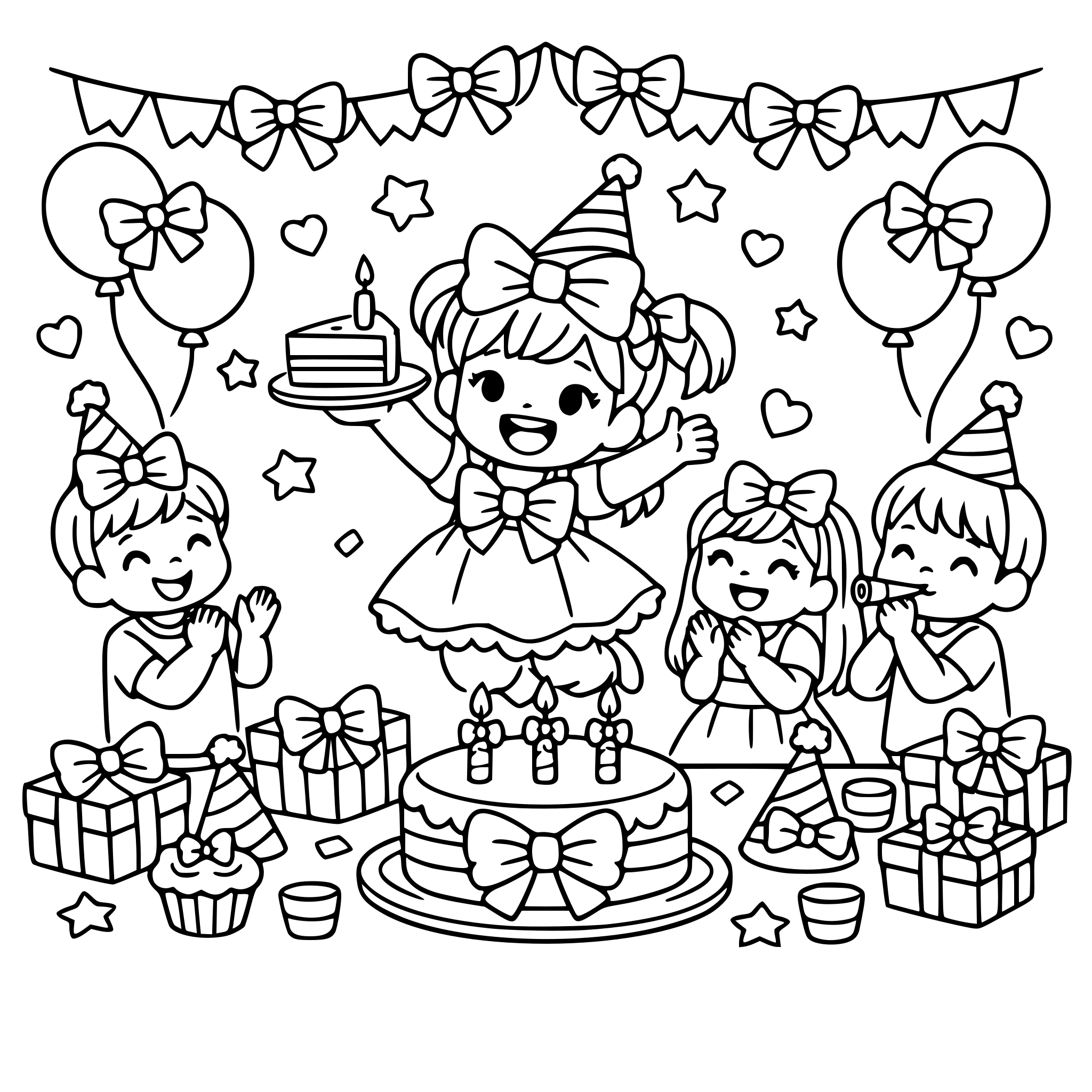 cute kid girl celebrating birthday with friends in a bow theme birthday room