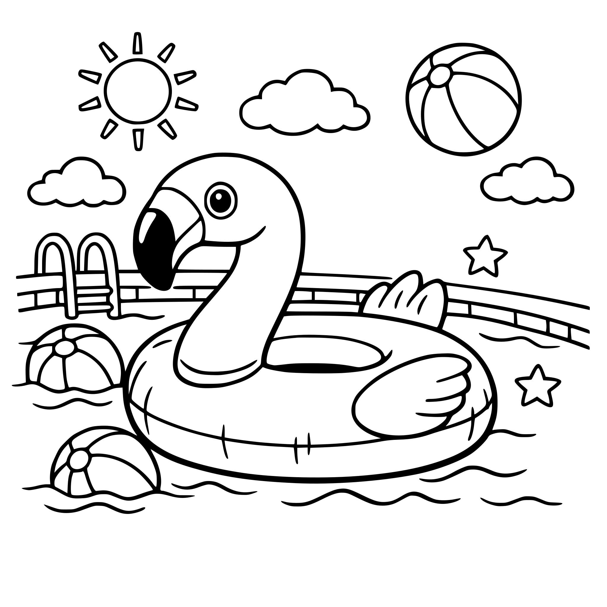 Un flamingo sous forme de bouet de plage dans une piscine.