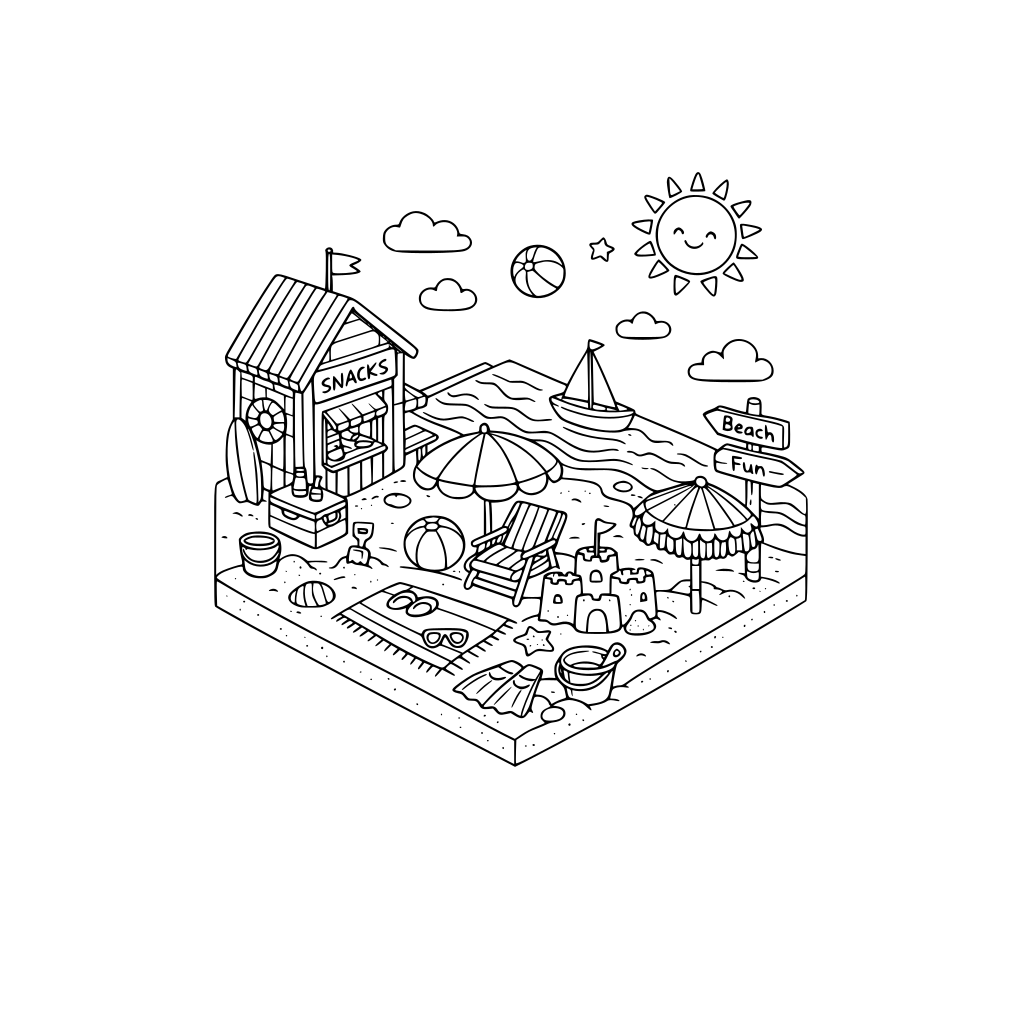 hygge style, cute and cozy, 3d isometric, corner, fun day at the beach, no people, no faces, no animals