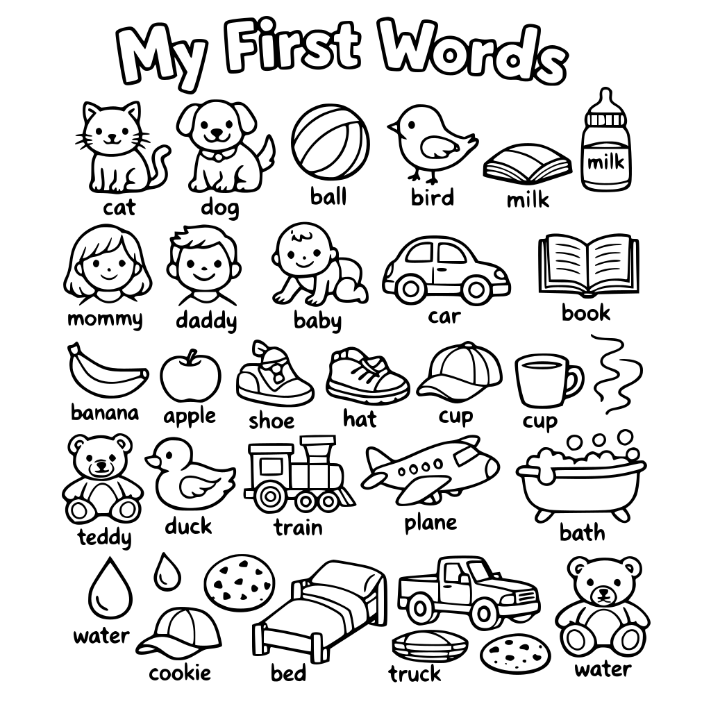 create a "my first words" coloring book using the top 50 first words for kids
