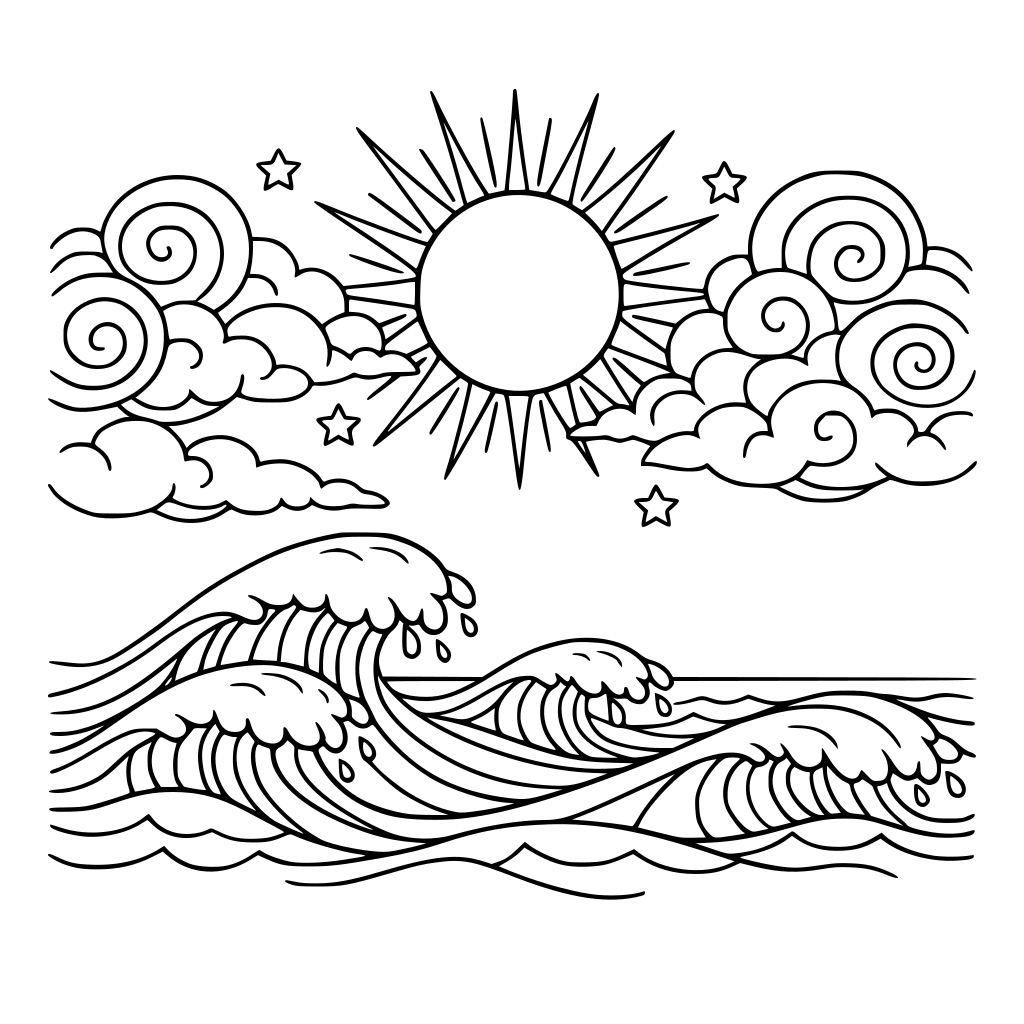 Calming ocean waves, with swirling clouds and a shining sun.