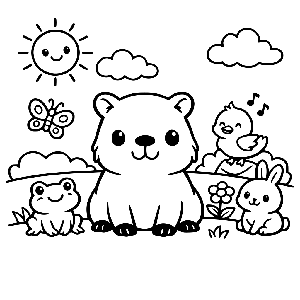 CAPIBARA TIERNO EN EL CAMPO CON SUS AMIGOS,PARA UNCUADERNO DE ACTIVIDADES INFANTILES ENTRE 5 Y AÑOS DE EDAD