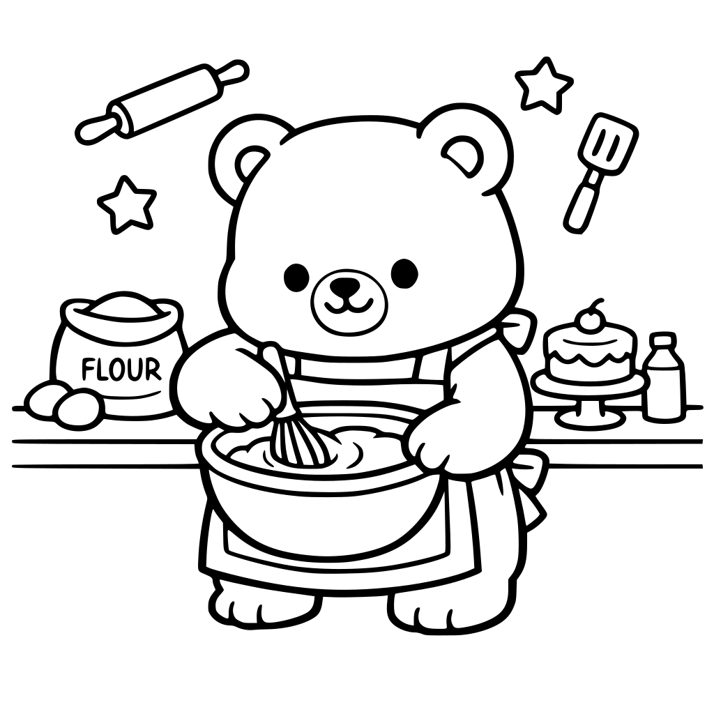Cute chubby bear wearing a bakery apron, mixing cake batter in a bowl, cozy café kitchen, bold black outline, thick clean line art, minimal details, coloring book page, white background, no shading, no color