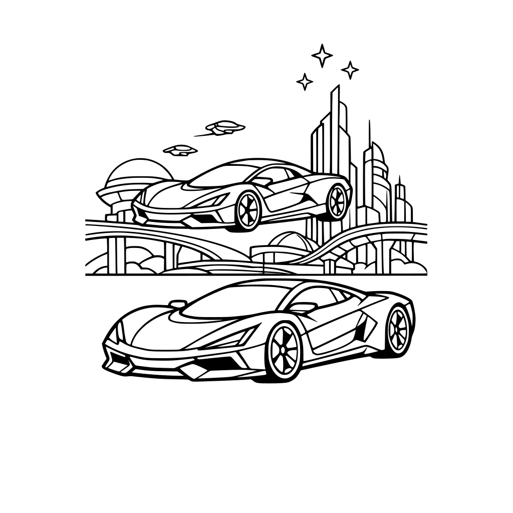 futuristic cars with sleek aerodynamic shapes, sci-fi city background, clean black line art, adult coloring style, no shadingand ready for tap & fill coloring
