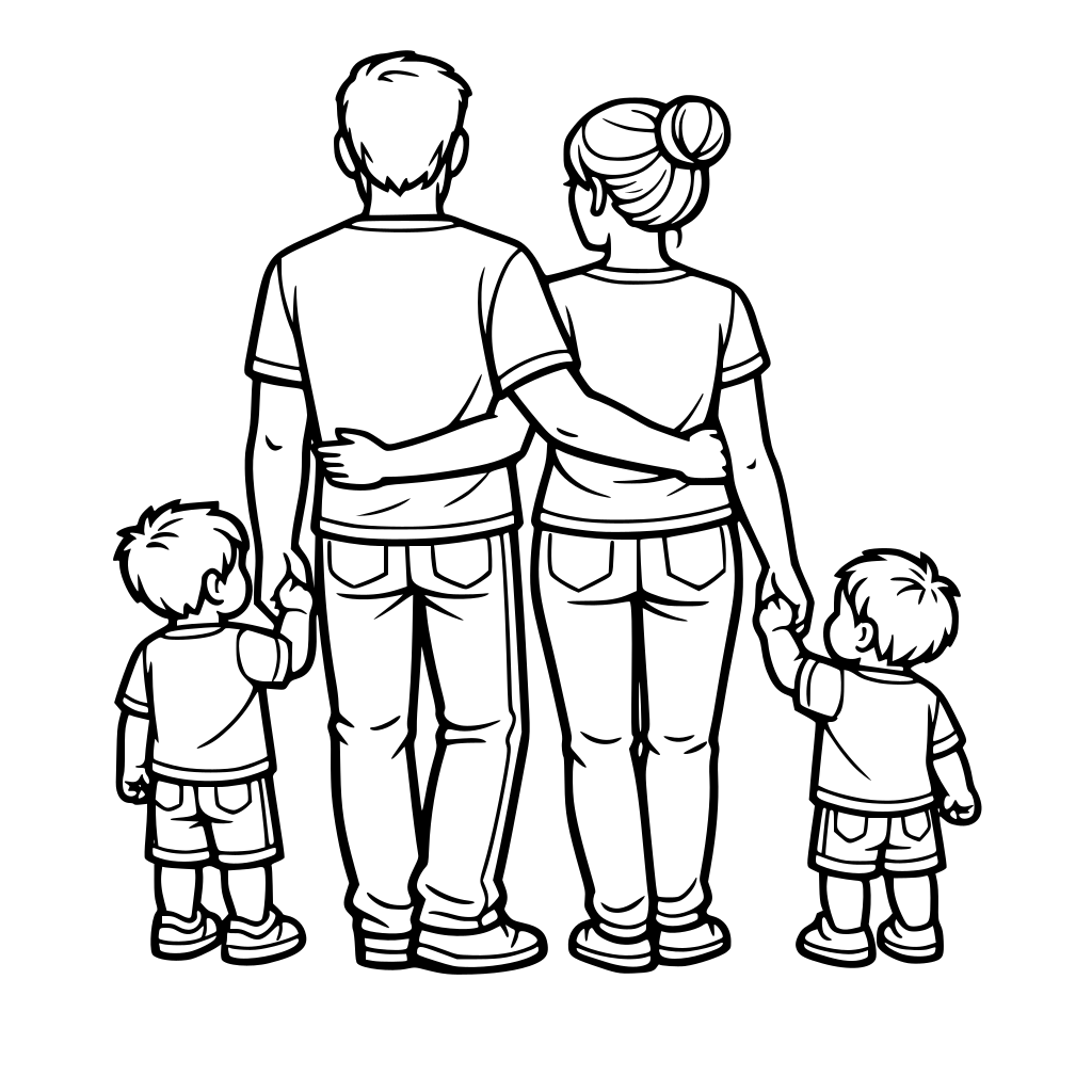 een gezin van de achterkant, vader (kort haar), moeder (knot) en twee jongens van 3 en 2 jaar oud.