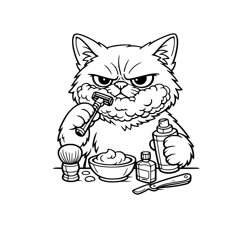 A grumpy cat shaving his face