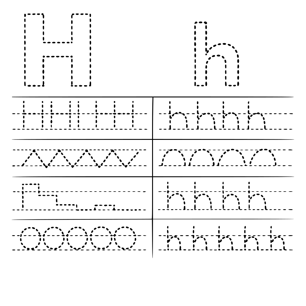 zró całą listę ćwiczeń do litery H duże i h małe różne ślaczki wykropkowane dzięki którym nauczymu pisać się literkę H i h