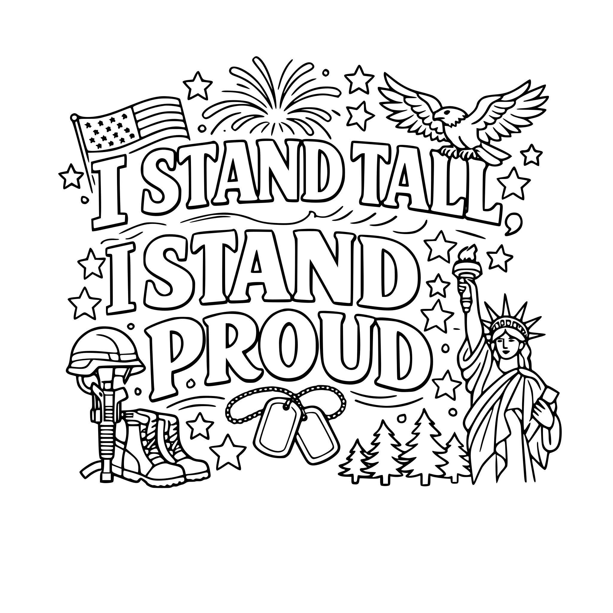 "I stand tall, I stand proud" coloring letters with items around the letters that work with the lettering.
