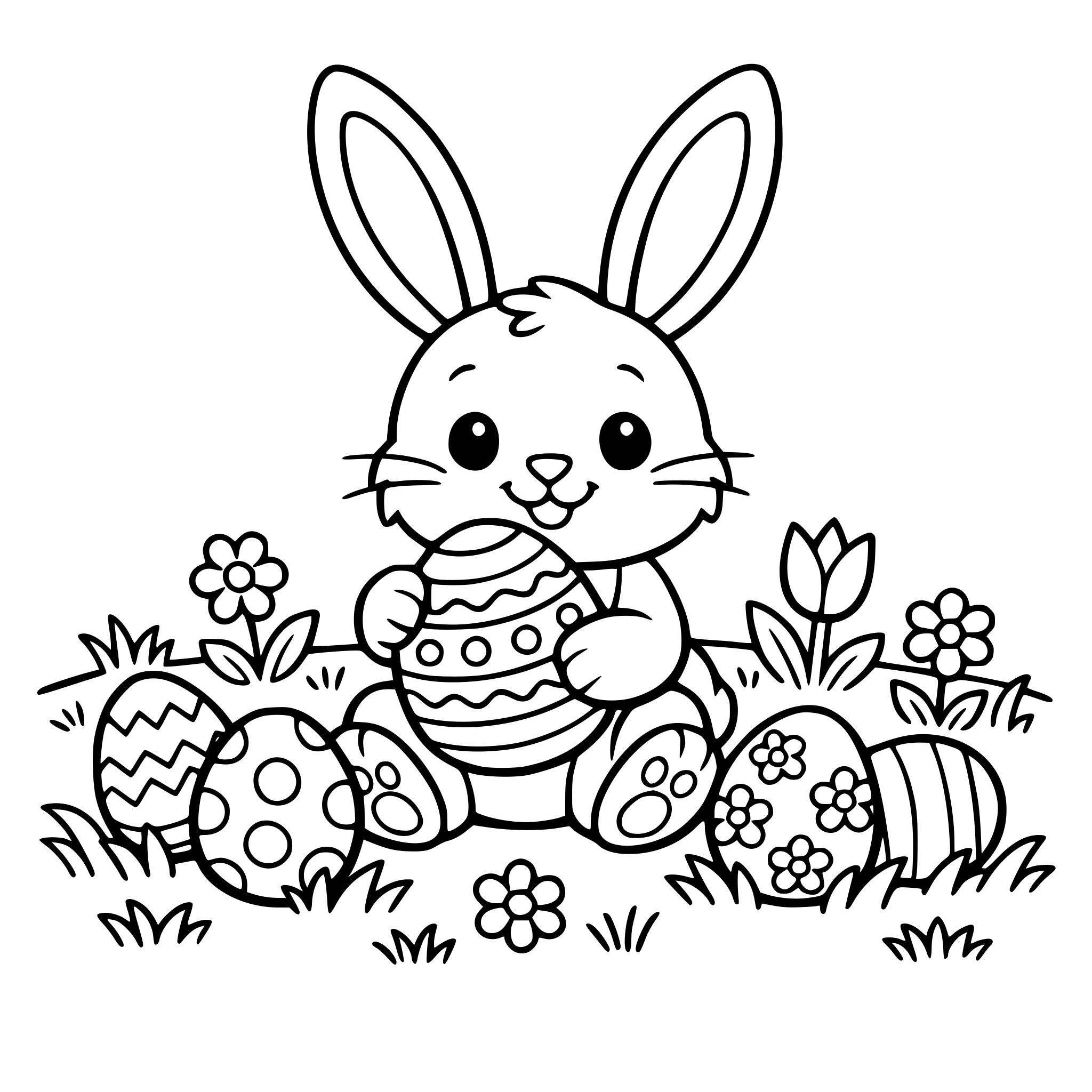 Easter bunny holding an easter egg. The grassy area has pops of flowers and easter eggs
