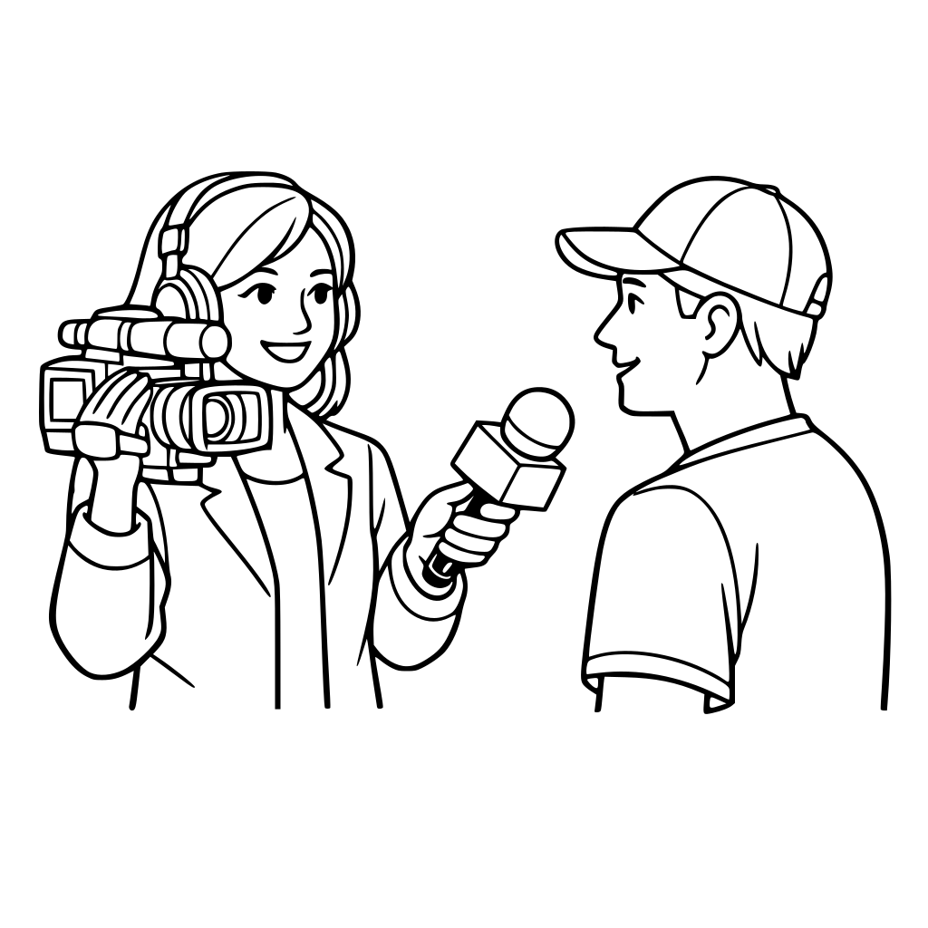 Journaliste télé qui interview une personne avec sa caméra et son micro