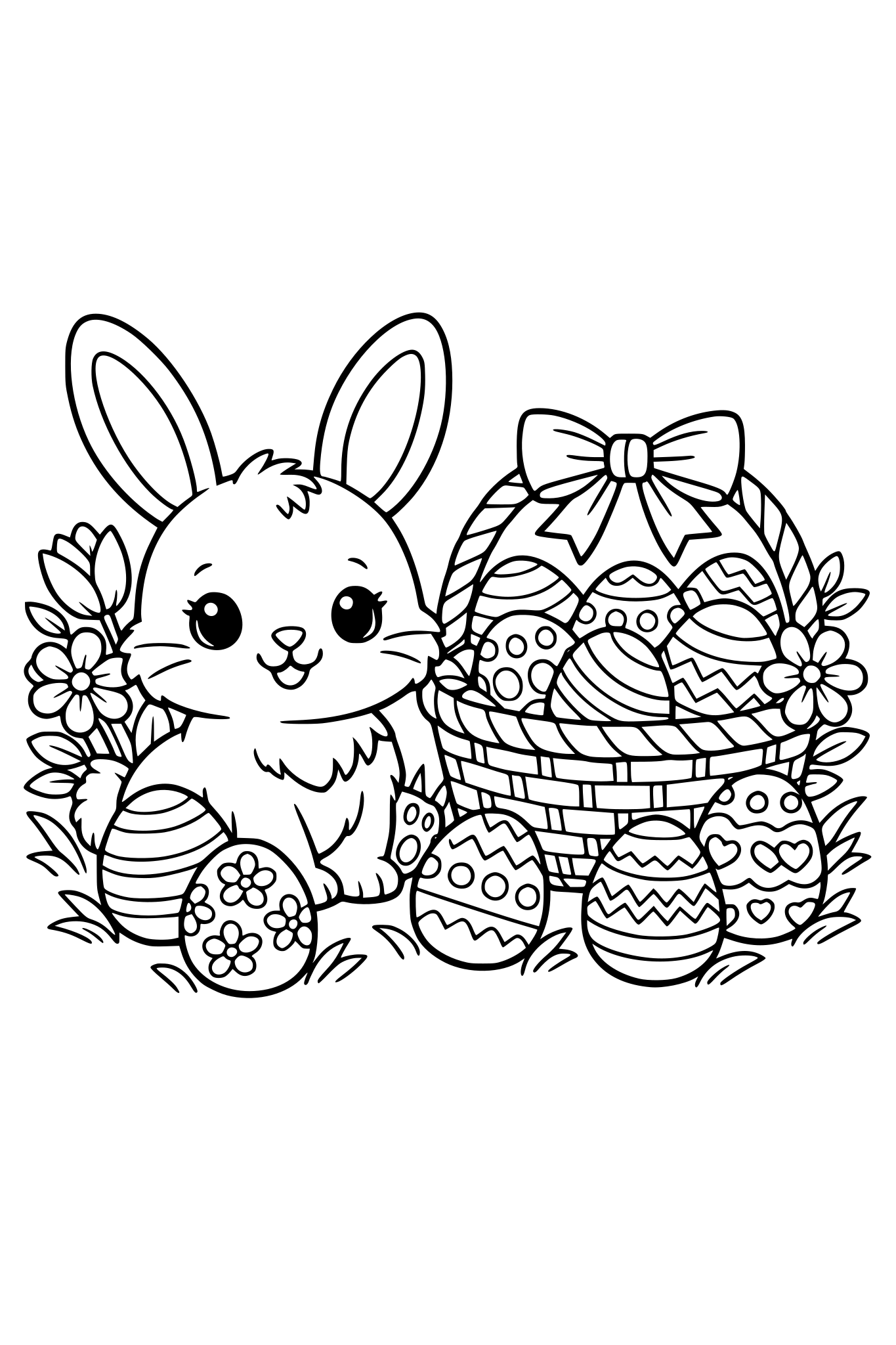 dessin de pâques avec un lapin cute, des oeufs de pâques décorés, un panier de pâques, des fleurs