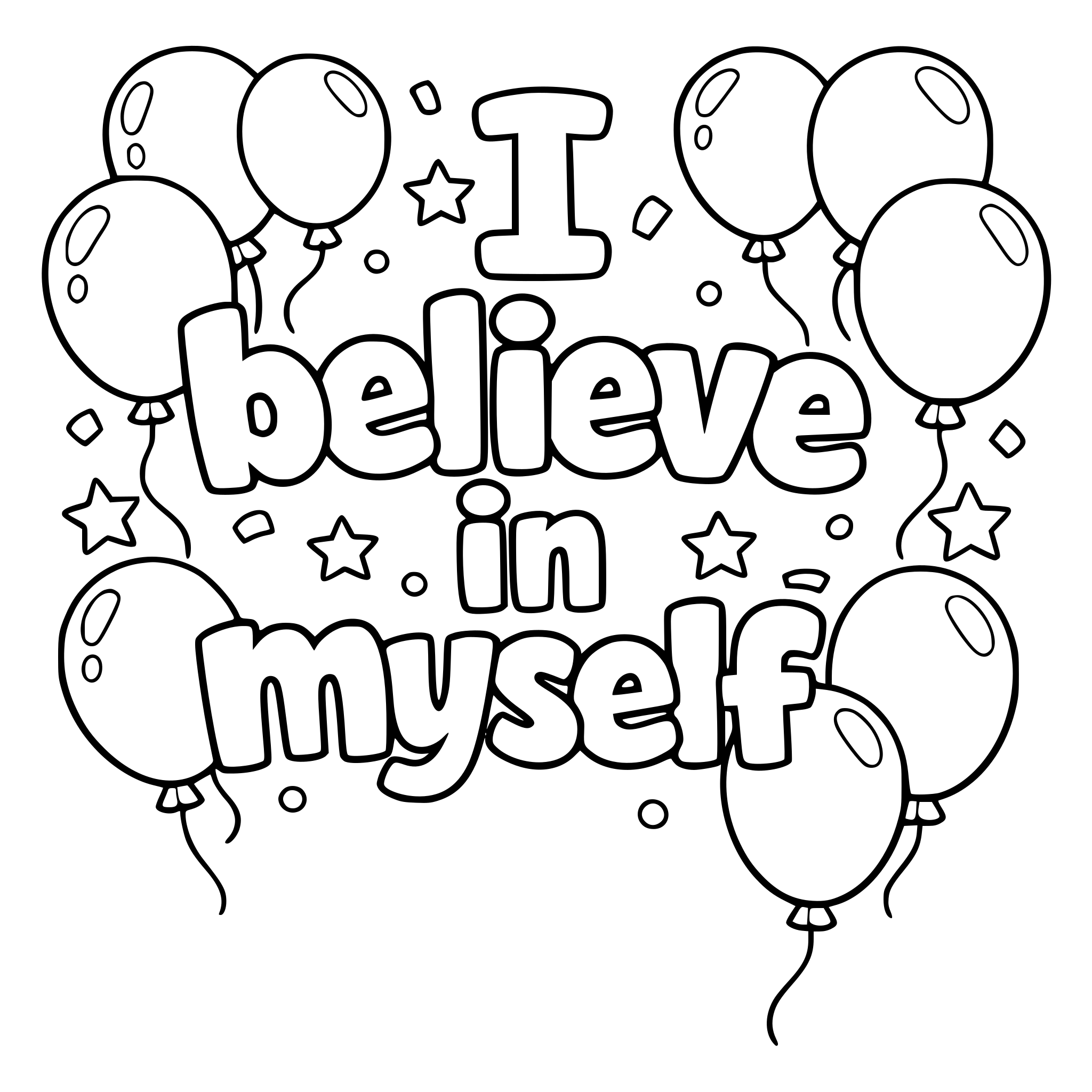 "I believe in myself" coloring letters with balloons around the letters.
