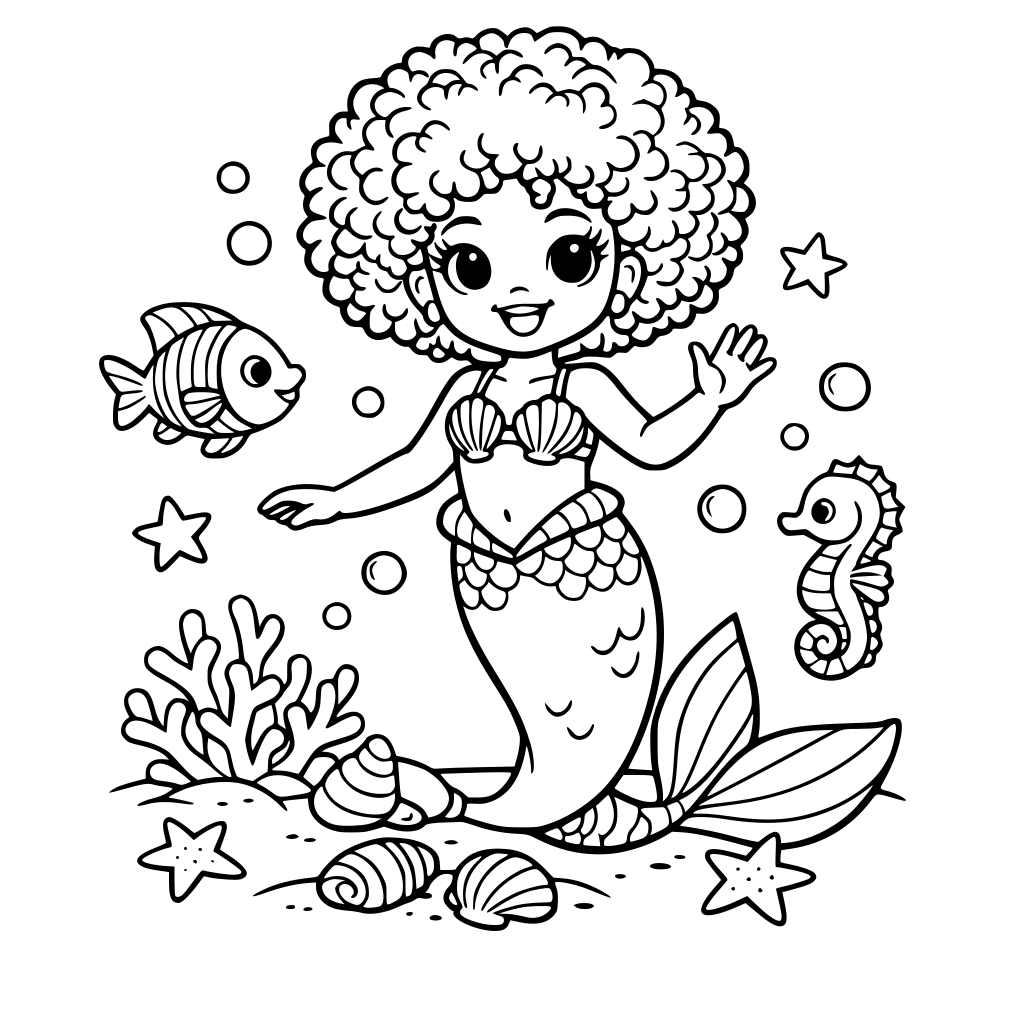 zwarte kleine zeemeermin met afro haar