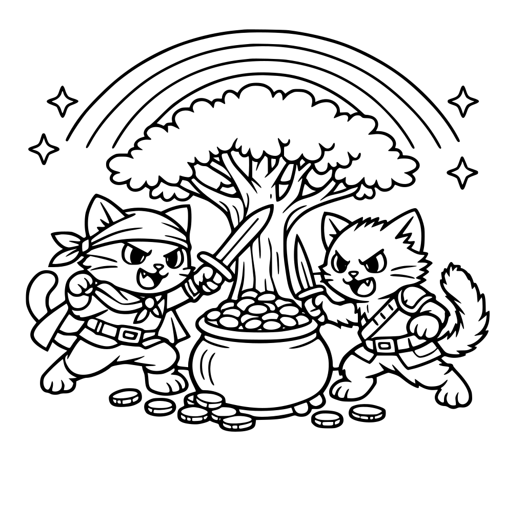 cat rainbow tree gold fight