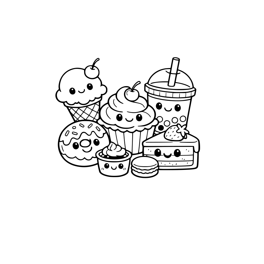 Cute animated dessert in a group together