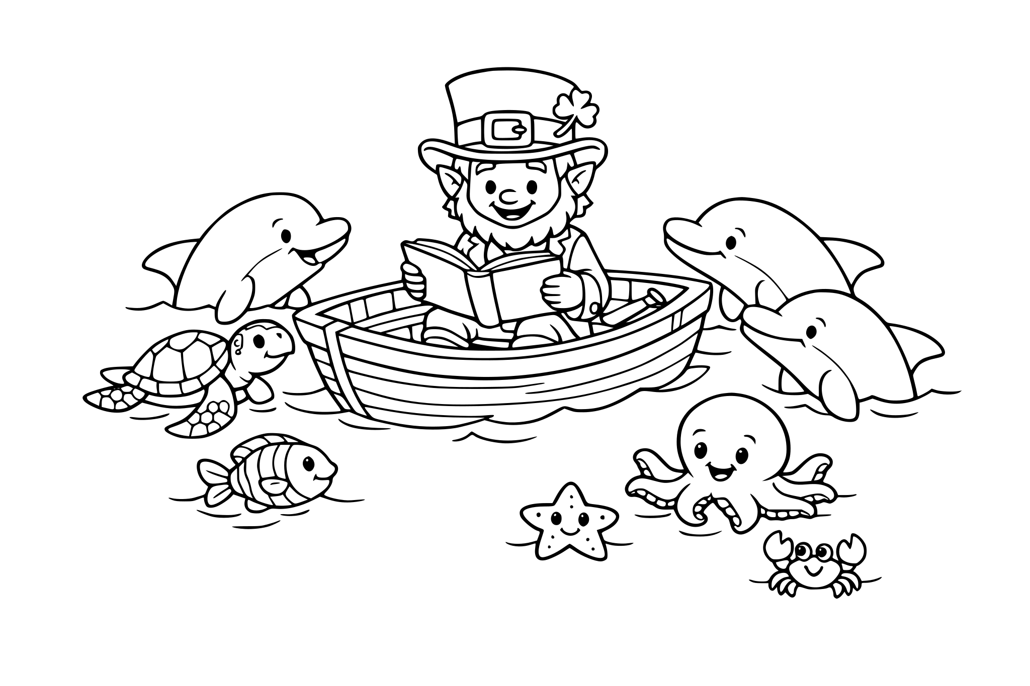 Leprechaun in a boat reading to several dolphins and sea creatures