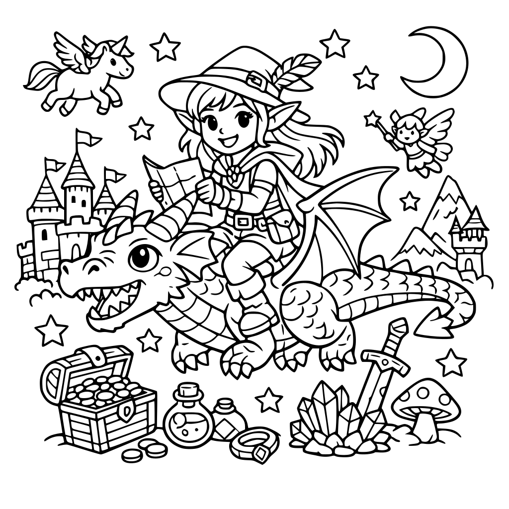 Zwart-wit kleurplaat voor volwassenen in cartoonstijl, hoge resolutie (8K), duidelijke lijnen, geen schaduw, geschikt om in te kleuren, beeldverhouding 2:3.