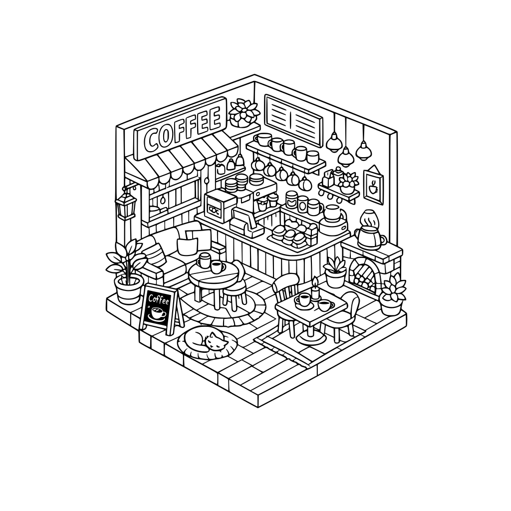 cute and cozy, hygge style, 3d isometric, corner coffee shop cafe