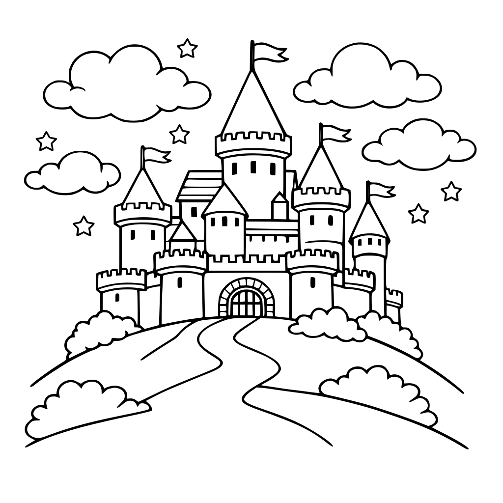 Un castello su una collina con nuvole