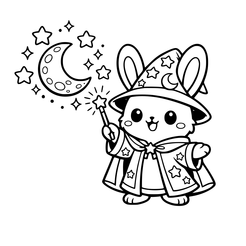 cartoon and kawaii art style of Bunny in magician robe and hat top conjuring a floating moon and stars — wand raised, celestial glow.