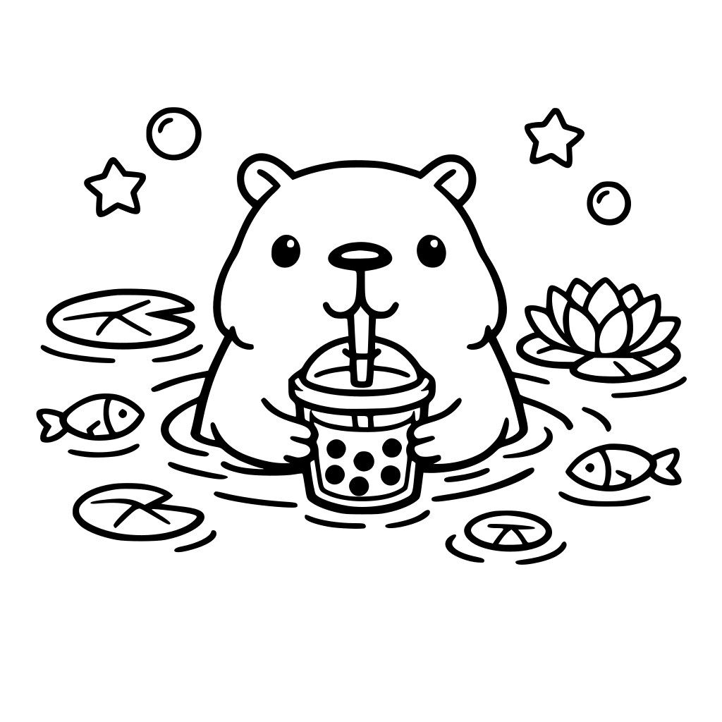 Cute cozy capybara swimming in a pond with bubble tea, whimsical feel, simple and bold lines